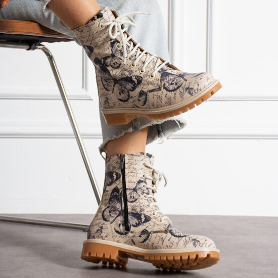 Дамски бежови боти с принт от естествена кожа /