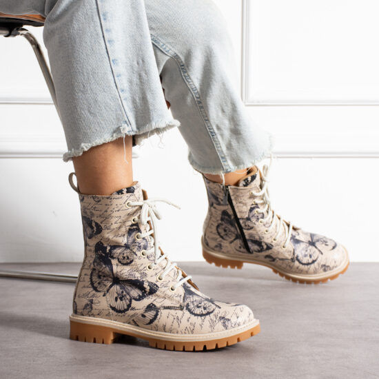 Дамски бежови боти с принт от естествена кожа /