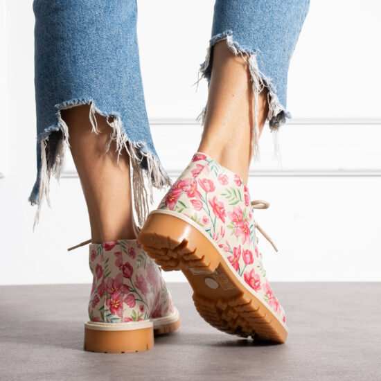 Дамски боти с флорален принт от естествена кожа /