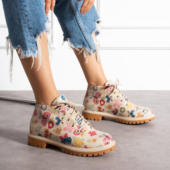 Дамски боти с флорален принт от естествена кожа /