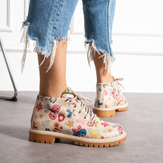 Дамски боти с флорален принт от естествена кожа /