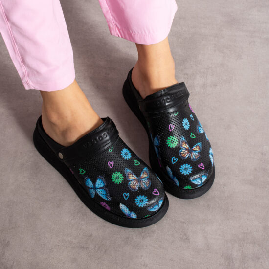 Черно анатомично сабо от естествена кожа с каишка /