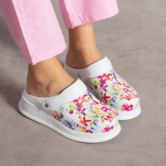 Аlphabet Бяло анатомично сабо от естествена кожа с каишка /