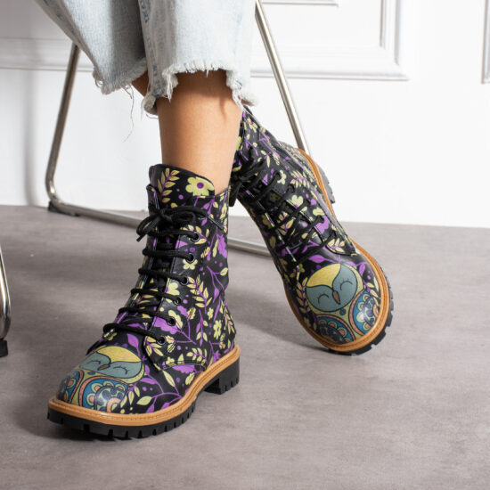 Дамски черни кубинки от естествена кожа с цип и връзки /