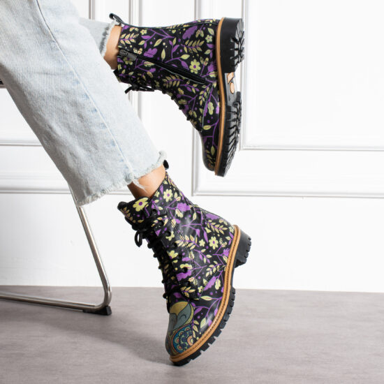 Дамски черни кубинки от естествена кожа с цип и връзки /