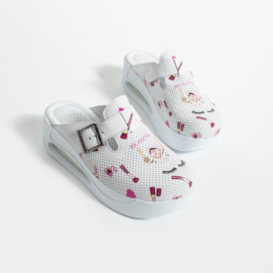 Бяло анатомично сабо от естествена кожа с платформа за козметици /