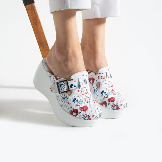 Guardian Бели анатомични медицински чехли на платформа от естествена кожа /