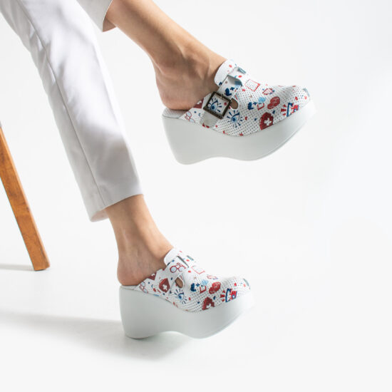 Guardian Бели анатомични медицински чехли на платформа от естествена кожа /