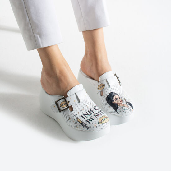 Бели анатомични  чехли на платформа за естетични салони от естествена кожа Анатомични чехли на платформа Медицински