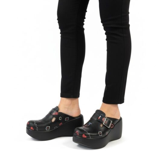 Черни анатомични медицински чехли на платформа от естествена кожа Анатомични чехли на платформа Медицински