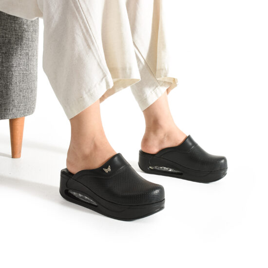 Comfort Black Дамски черни анатомични чехли на платформа от еко кожа /