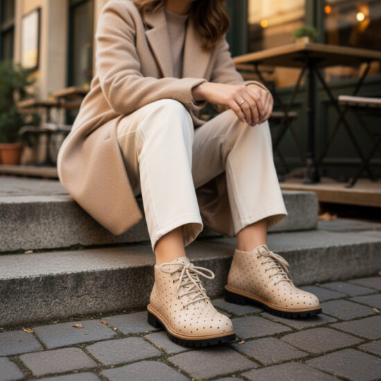 Дамски къси бежови боти от естествена кожа до глезена /