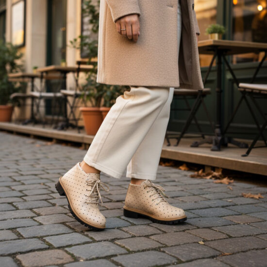 Дамски къси бежови боти от естествена кожа до глезена /