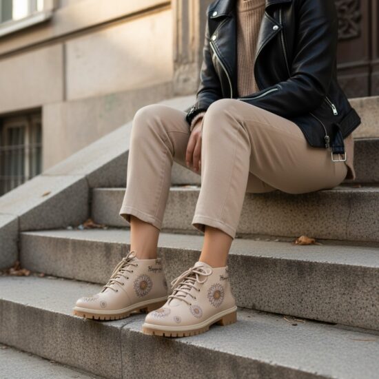 Hello Happiness Дамски къси бежови боти от естествена кожа до глезена /