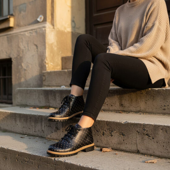 Polka dot Black Дамски къси черни боти от естествена кожа до глезена /