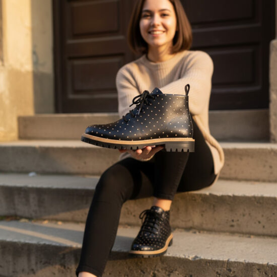 Polka dot Black Дамски къси черни боти от естествена кожа до глезена /