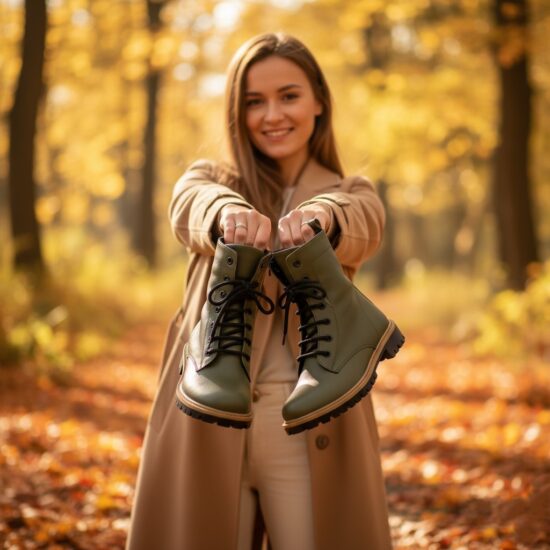 Essence Olive Дамски тъмнозелени кубинки естествена кожа с цип /