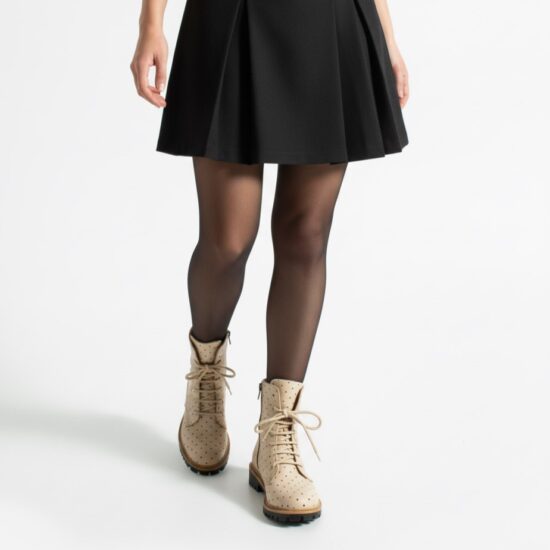 Polka dot Beige Дамски бежови боти тип кубинки от естествена кожа /