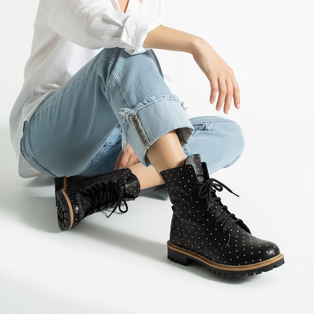 Дамски черни боти тип кубинки от естествена кожа Дамски боти 11 Дамски черни боти тип кубинки от естествена кожа