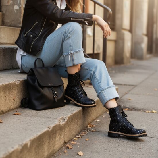 Polka dot Black Дамски черни боти тип кубинки от естествена кожа /