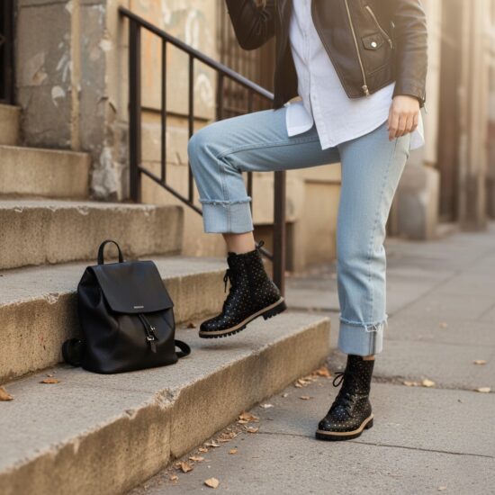 Polka dot Black Дамски черни боти тип кубинки от естествена кожа /