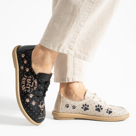 Дамски обувки с мемори пяна от естествена кожа - черно и бежово - Естествена кожа