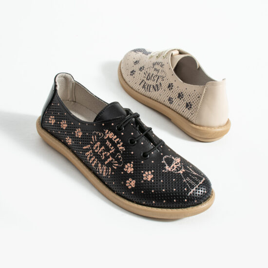 Дамски обувки с мемори пяна от естествена кожа - черно и бежово - поглед отстрани