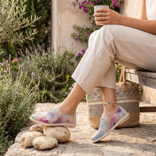 Дамски обувки с мемори пяна от естествена кожа - цветни - Бежов Цветен