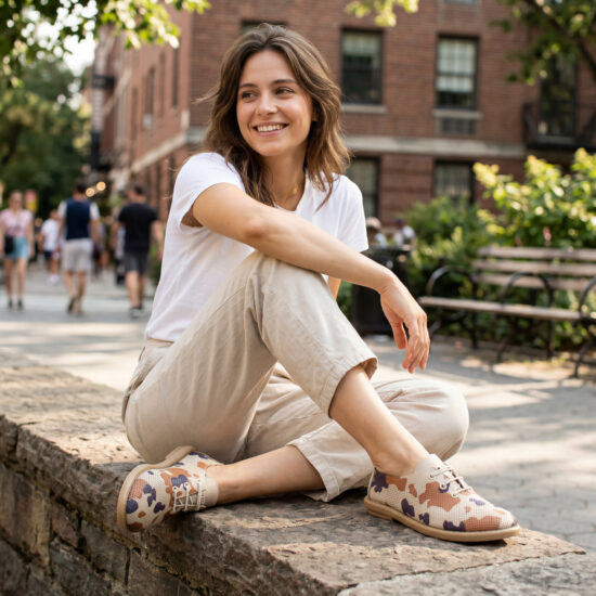 Дамски обувки с мемори пяна от естествена кожа с камуфлаж - Бежов Кафяв