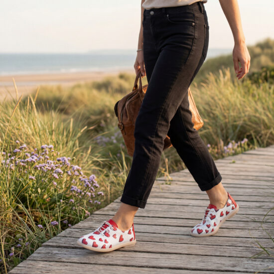 Дамски обувки с мемори пяна от естествена кожа с червени сърца - Бял Червен