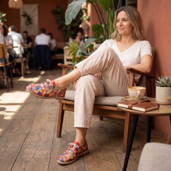 Дамски обувки с мемори пяна от естествена кожа с геометричен принт - Червен Син