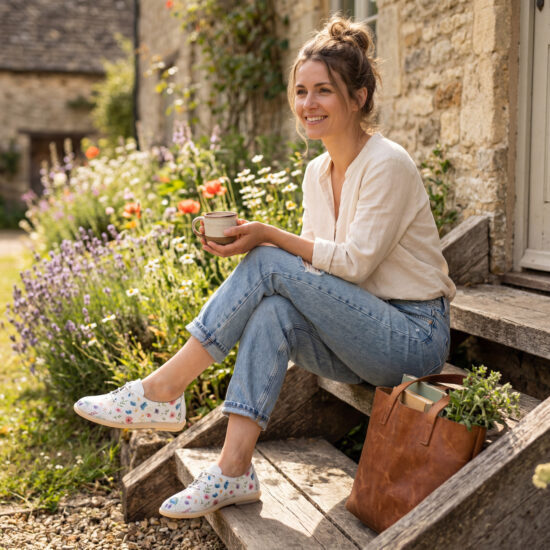 Дамски обувки с мемори пяна от естествена кожа с флорални мотиви - Бял Цветен