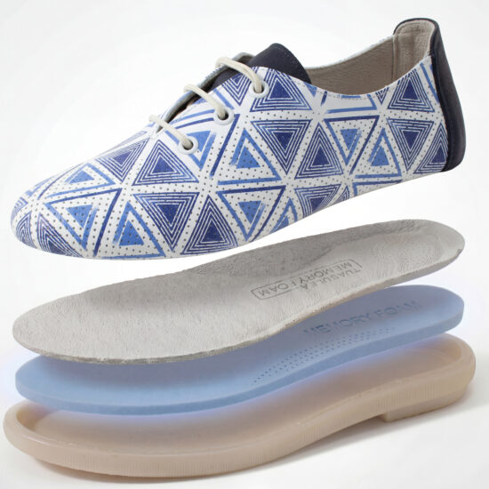 Дамски обувки с мемори пяна от естествена кожа сини с мотиви - поглед отгоре