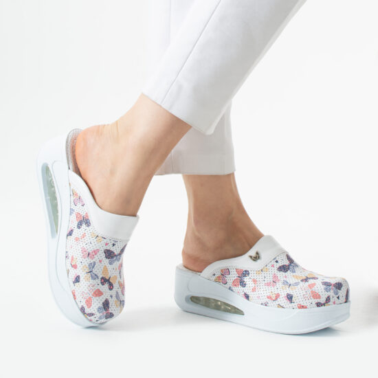 Анатомични работни чехли на платформа от естествена кожа – принт Wings White — 3