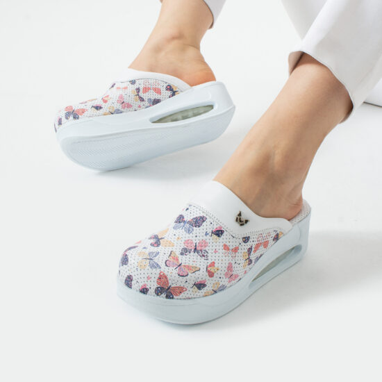 Анатомични работни чехли на платформа от естествена кожа – принт Wings White — 4