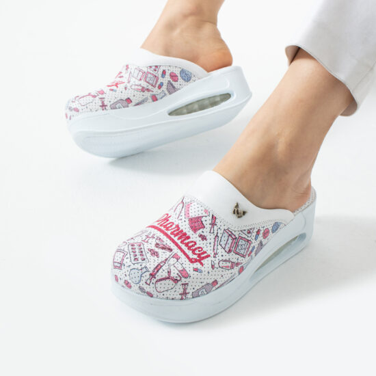 Анатомични медицински чехли на платформа от естествена кожа с принт Pharmacy — 4