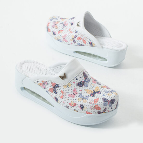 Анатомични работни чехли на платформа от естествена кожа – принт Wings White — 5