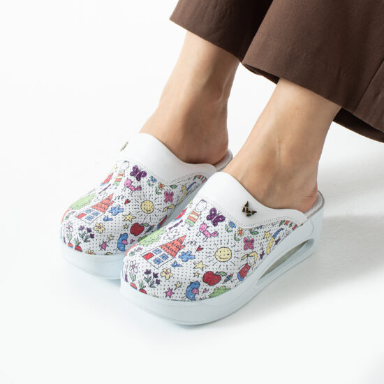 Анатомични работни чехли на платформа от естествена кожа – принт Bambas