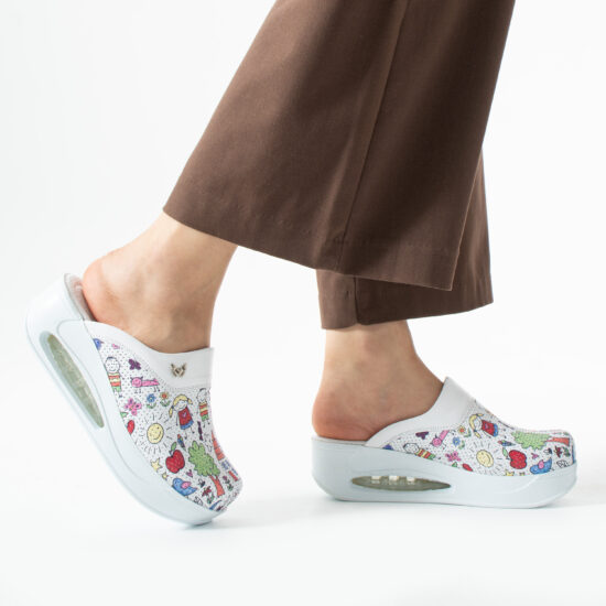 Анатомични работни чехли на платформа от естествена кожа – принт Bambas — 2