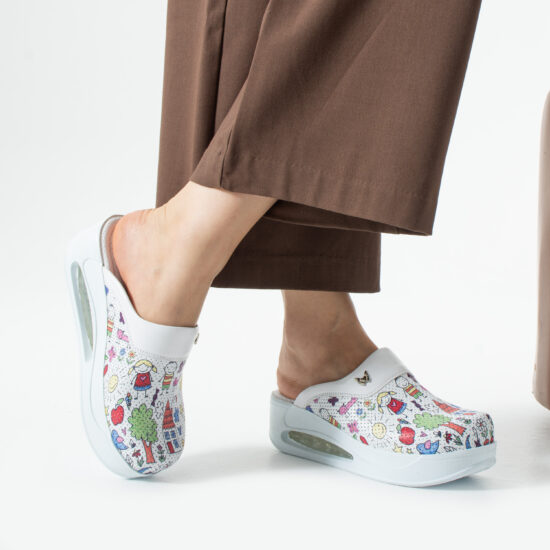 Анатомични работни чехли на платформа от естествена кожа – принт Bambas — 3