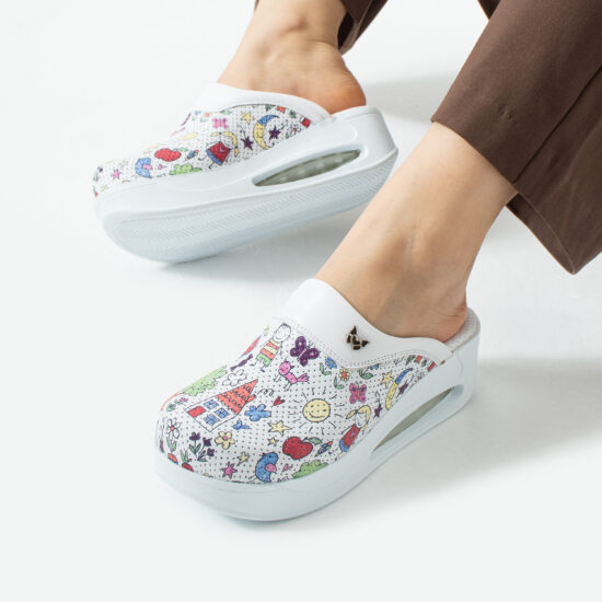 Анатомични работни чехли на платформа от естествена кожа – принт Bambas — 4