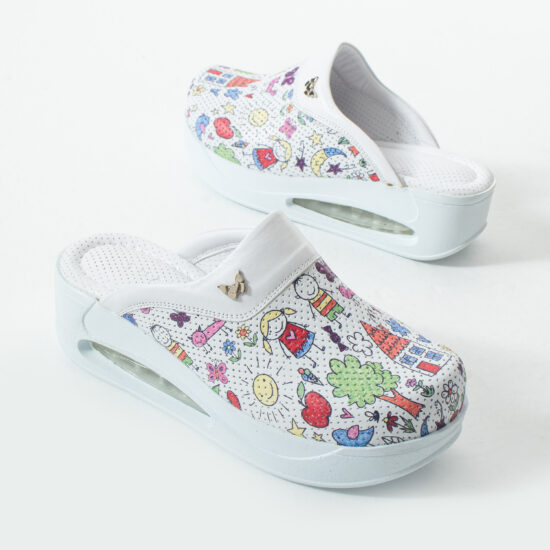 Анатомични работни чехли на платформа от естествена кожа – принт Bambas — 5