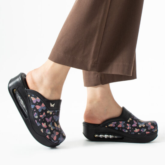 Анатомични работни чехли на платформа от естествена кожа – принт Wings Black — 2