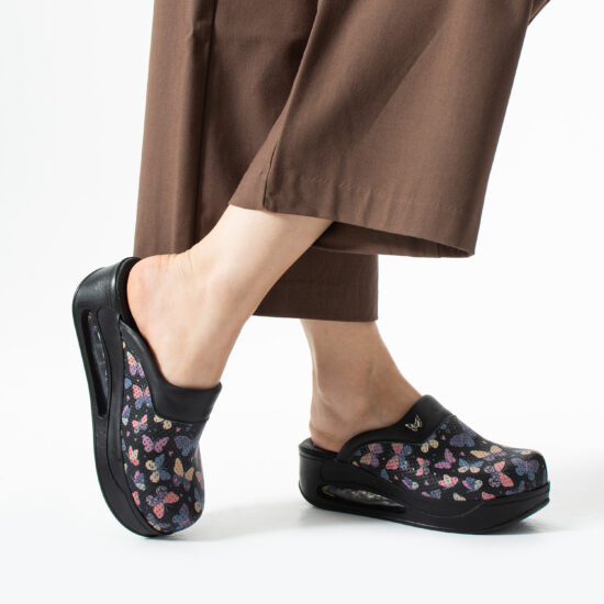 Анатомични работни чехли на платформа от естествена кожа – принт Wings Black — 3