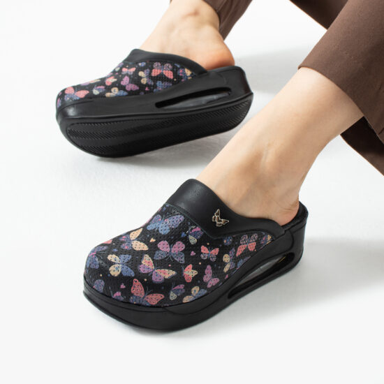 Анатомични работни чехли на платформа от естествена кожа – принт Wings Black — 4