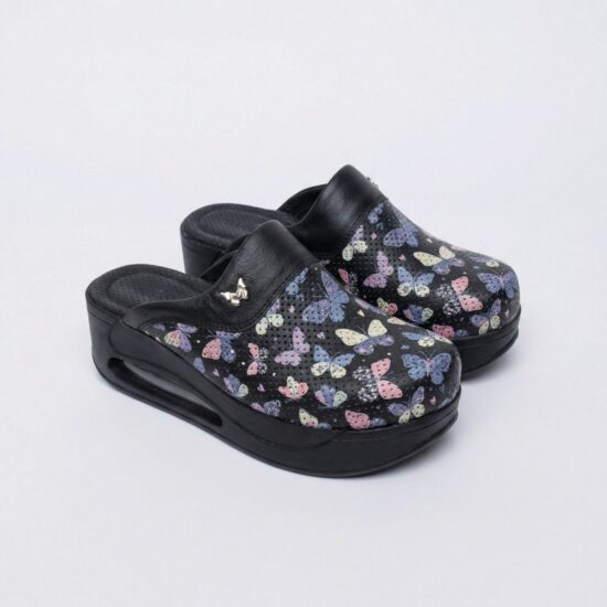 Анатомични работни чехли на платформа от естествена кожа – принт Wings Black — 6