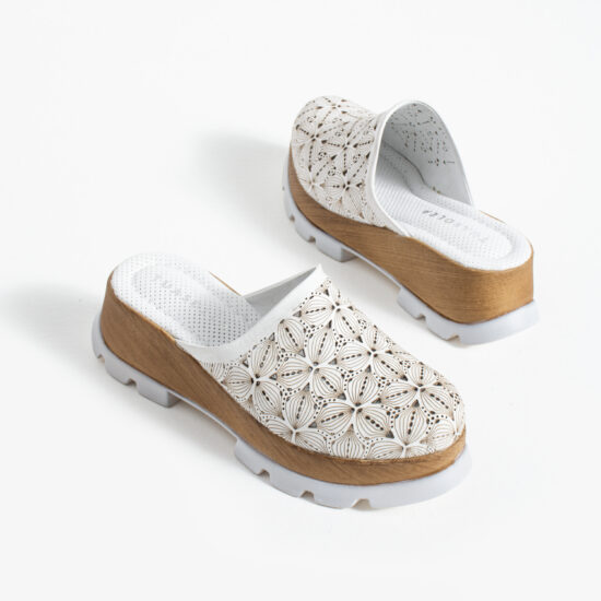 Бяло дамско сабо от естествена кожа на платформа - поглед отстрани