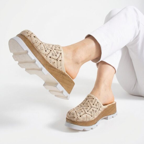 Бежово дамско сабо от естествена кожа на платформа - Естествена кожа