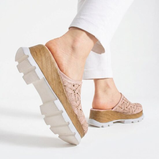 Розово дамско сабо от естествена кожа на платформа - Естествена кожа