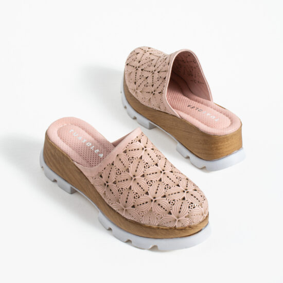 Розово дамско сабо от естествена кожа на платформа - поглед отстрани